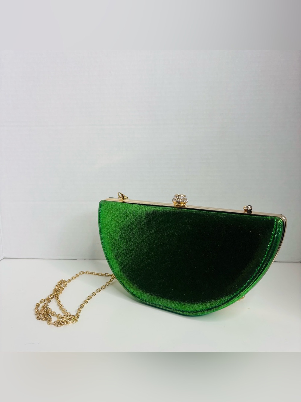 Green Velvet Half-Moon Clutch with Gold Chain